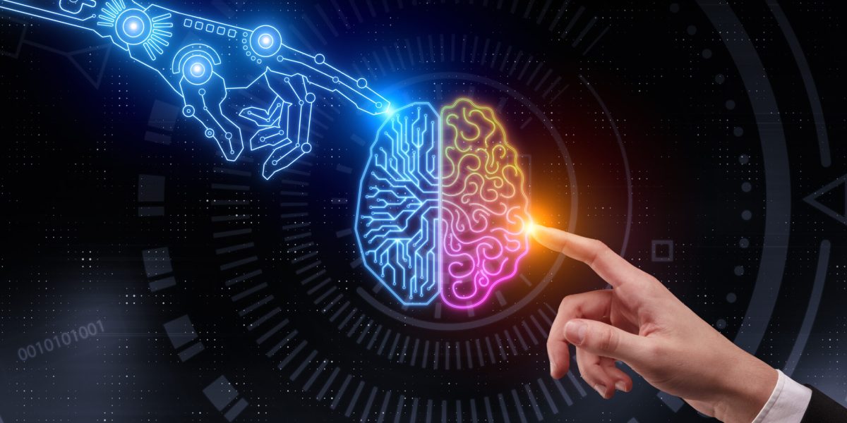 Hand pointing at glowing digital brain. Artificial intelligence and future concept. 3D Rendering