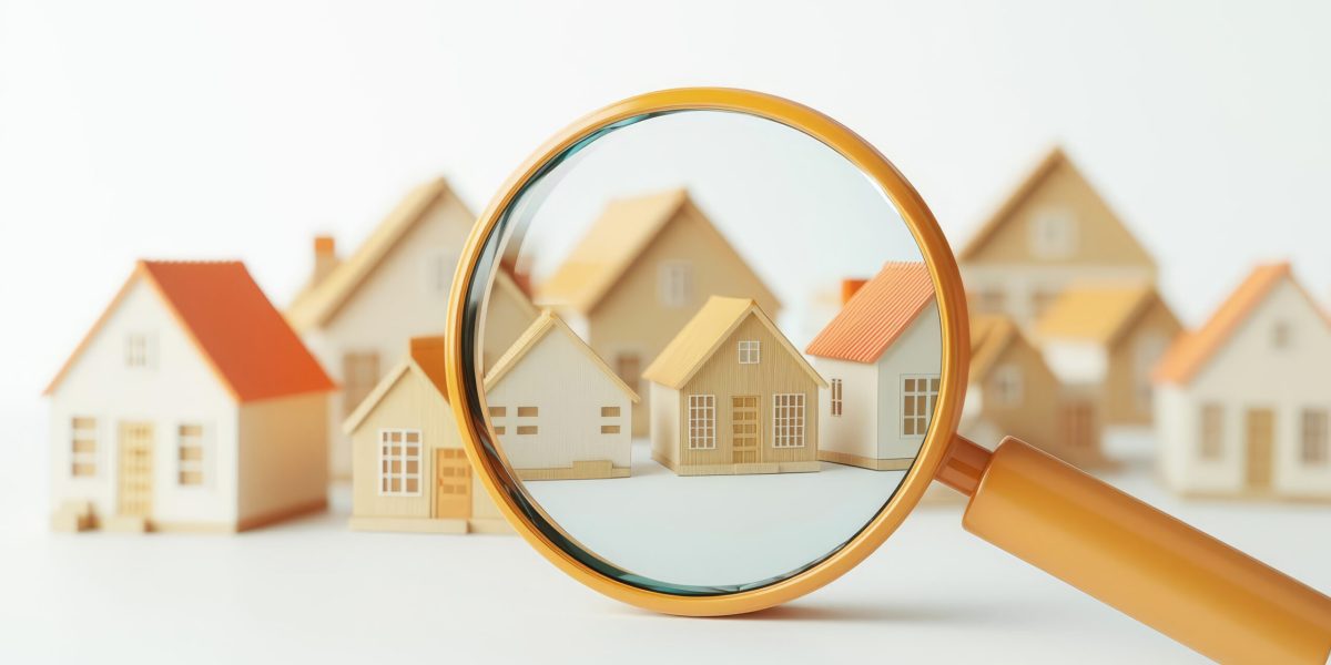 Magnifier or magnifying glass looking at house or home icon in group of many houses on white background, property or real estate searching concept