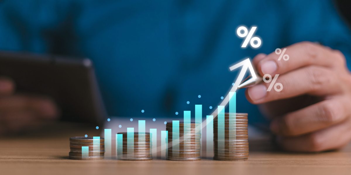 Bank raises rates. Interest rate and dividend concept, high investors seek returns. Mutual funds boost dividends. Calculating income and return on investment in percentage. Pension growth emphasized.