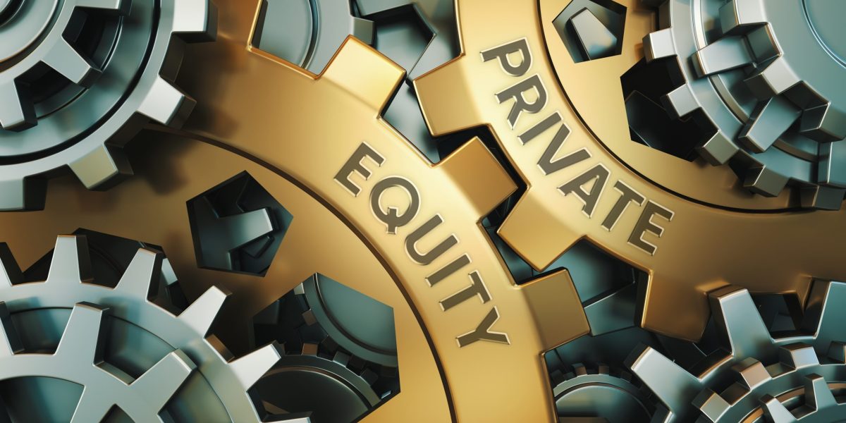 PRIVATE EQUITY concept. Gold and silver gear wheel background illustration. 3d render.