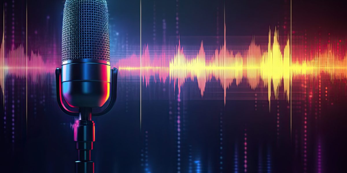Podcast banner with microphone, sound wave and progress bar